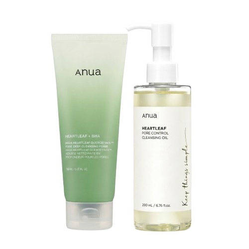 "عرض ثنائي أنوا الكوري لتنظيف المسام العميق: زيت التنظيف وغسول الكيرسيتينول - Anua Cleansing Duo."